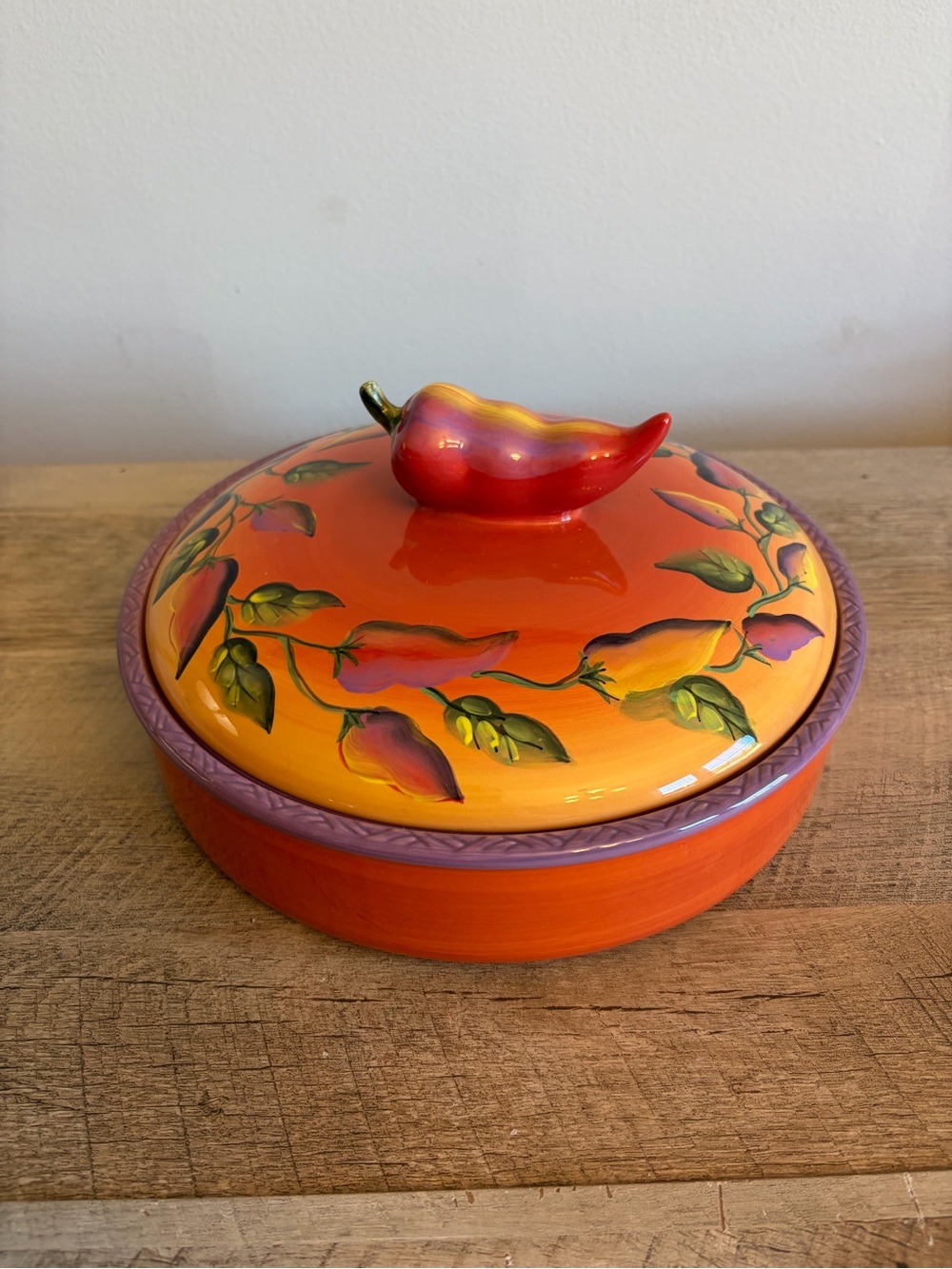 Clay Art Hand Painted Chili Fiesta Ceramic Tortilla Warmer Dish with Lid 9.75" D